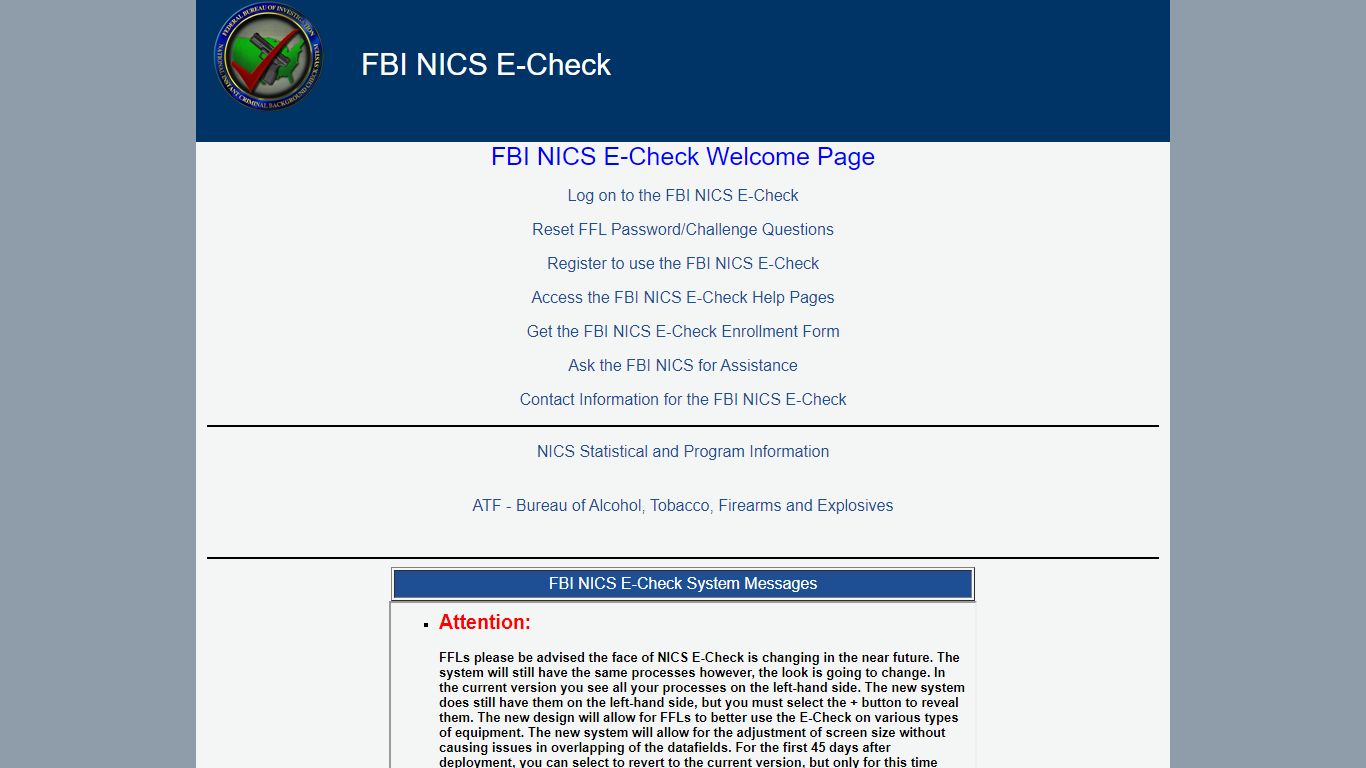 FBI NICS E-Check System - Welcome Page